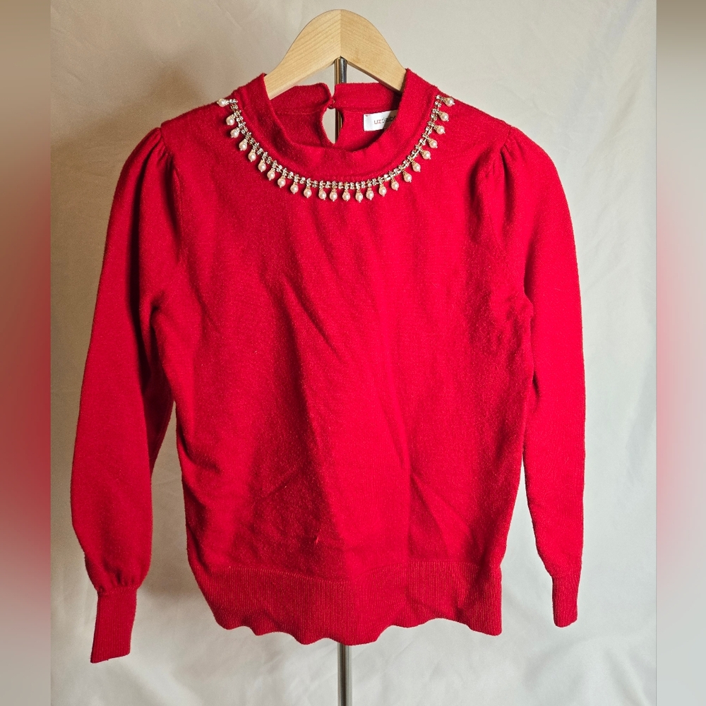 Liz Claiborne Red Embellished Crew Neck Pullover Sweater Size M